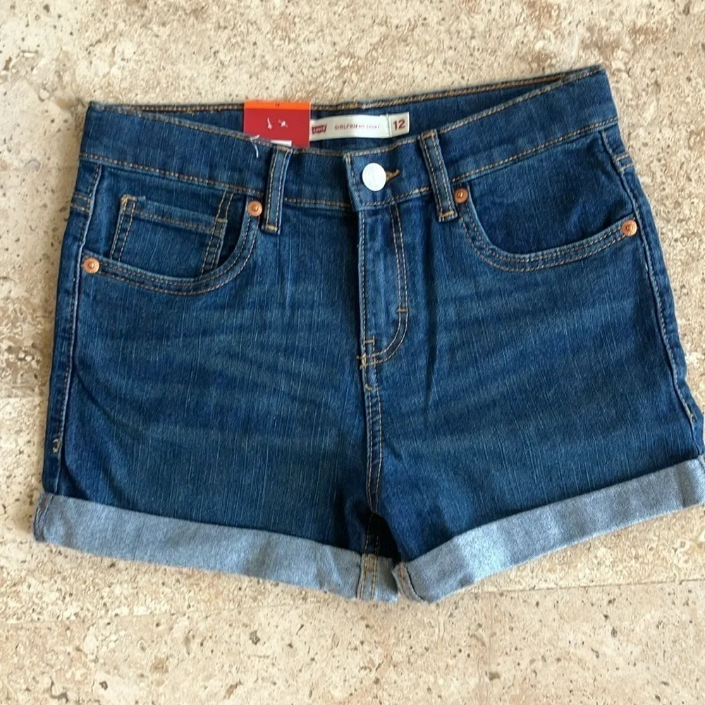 NWT Levi's Girl’s Blue Jean Shorts with Rolled Cuffs Adjustable Waist Mid Rise
